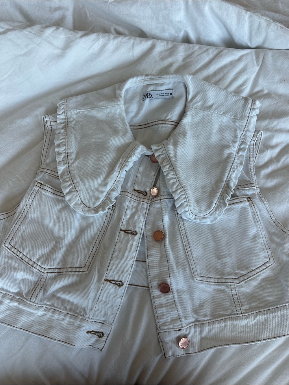 ZARA White Denim Vest with Ruffled Peter Pan Collar